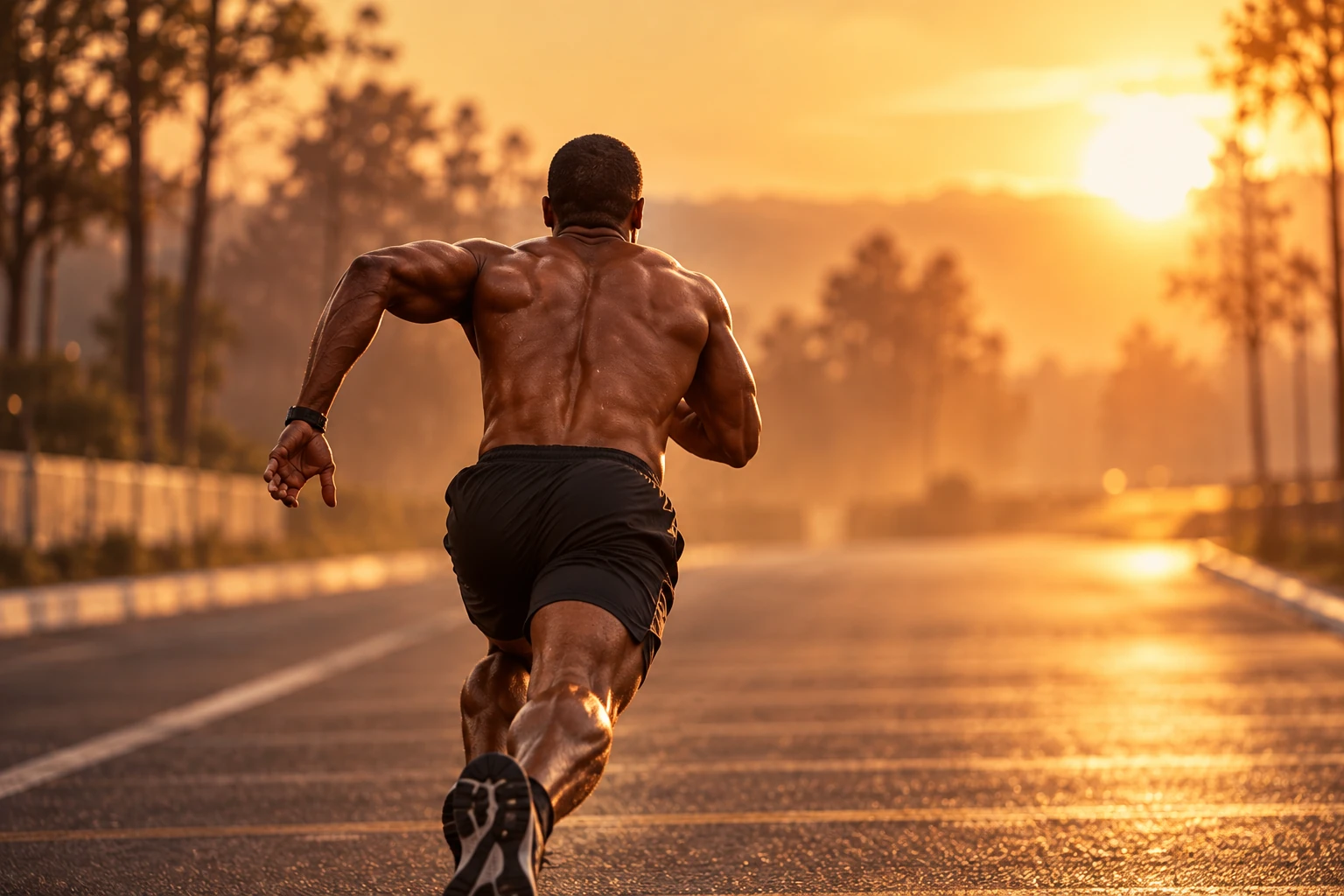 Athlete running on road at sunset